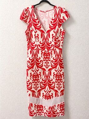 Bluebell Red White Damask Sheath Dress Cap Sleeve V Neck L
